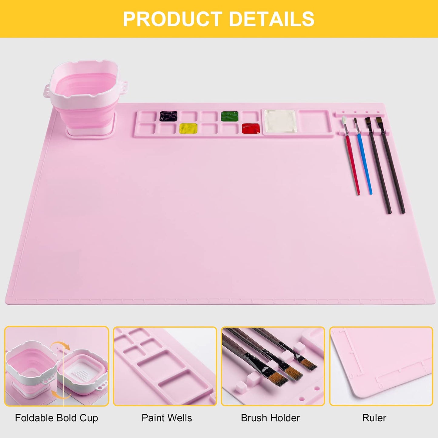 Silicone Painting Mat, Art Mat with Cup, Craft Paint Brush Cleaner Tool, Artist for Kids Gift Clay DIY Creations, Christmas Gift for Kids (Pink)