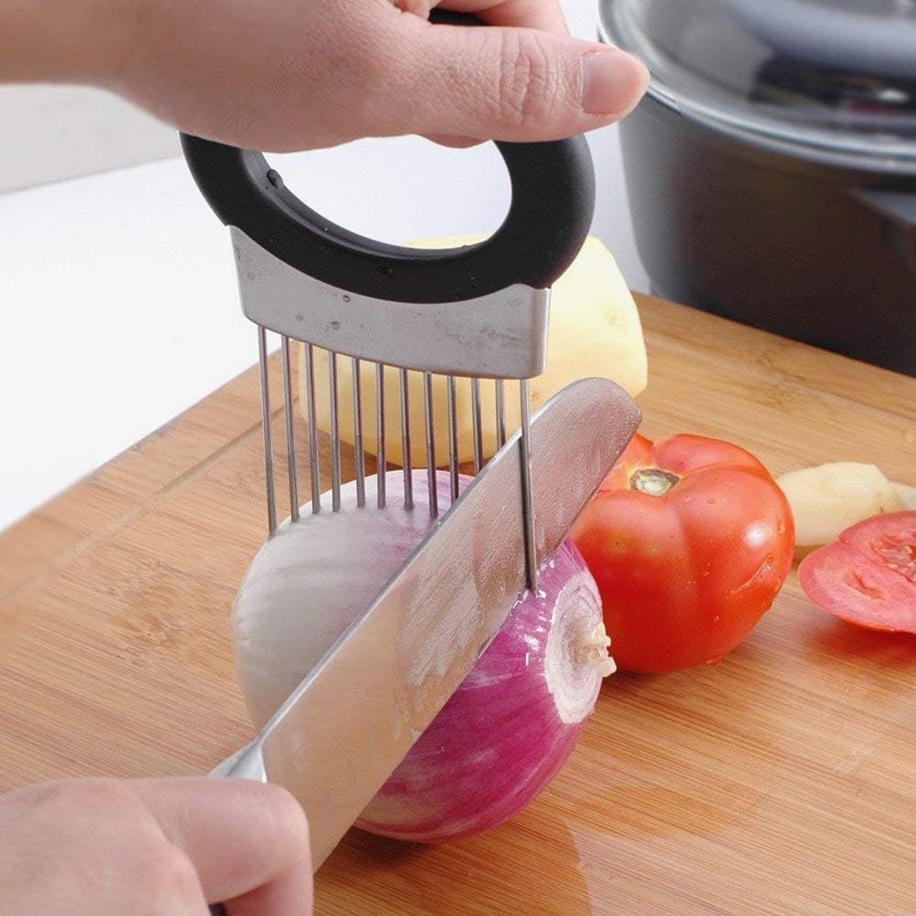 Stainless Steel Slicer Chopper, All-In-One Onion Holder for Tomato, Lime, Lemon with Odor Remover Tool
