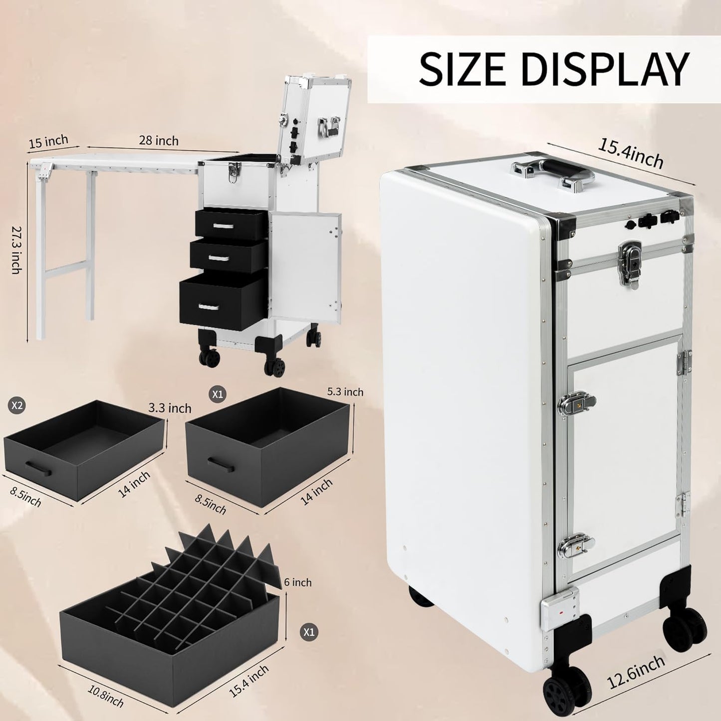 SJD LACE Rolling Manicure Table with 3 Drawers, Portable Nail Desk for Nail Tech, Foldable Nail Table Lockable Makeup Case with Mirror, Nail Polish Organizer, Mobile Nail Tech Workstation with Wheels