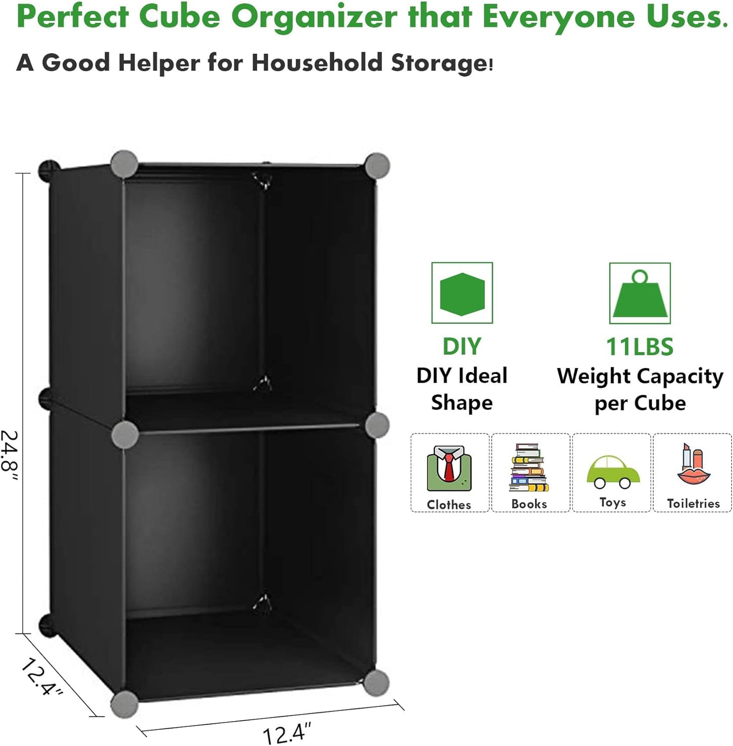 2-Cube Closet 12.4" 12.4" 24.8" C&AHOME Cube Storage, Organizer Units, Plastic Storage Shelves, DIY Book Shelf, Modular
