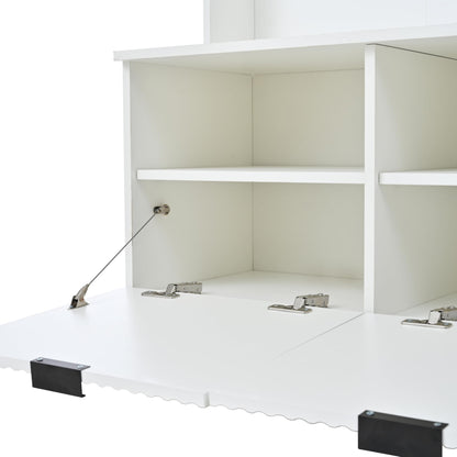 KEIKI 5-in-1 Hall Tree with Bench, Shoe Storage & 3 Open Storage Cabinets, Multi-Functionale Farmhouse Hall Tree with High Gloss Fluted Doors for Hallway Living Room, White