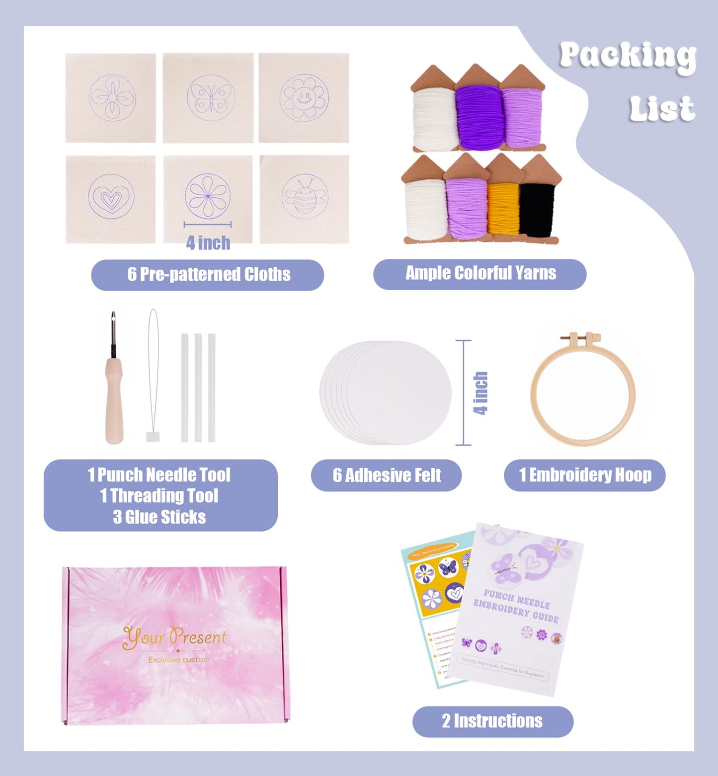 Nuoviyiya Punch Needle Kit for Adults Beginner - Complete Punch Stitching Kits with 6 Patterned Fabrics, Felt, Yarns, Tools and Instructions - Easy Embroidery Coaster Kit for Craft Enthusiasts