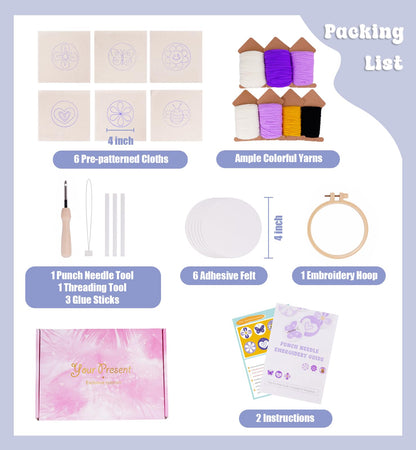 Nuoviyiya Punch Needle Kit for Adults Beginner - Complete Punch Stitching Kits with 6 Patterned Fabrics, Felt, Yarns, Tools and Instructions - Easy Embroidery Coaster Kit for Craft Enthusiasts