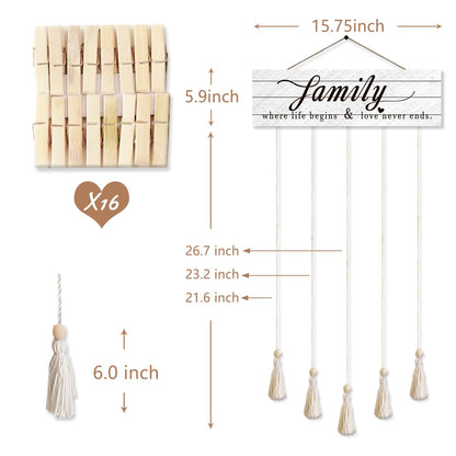 Gwisml Photo Wall Display,Collage Picture Frame,Clip Photo Holders for Wall,Wooden Hanging Photo Display with 16 Clips 5 Strings,Family Where Life Begins and Love Never Ends Sign Wall Decor