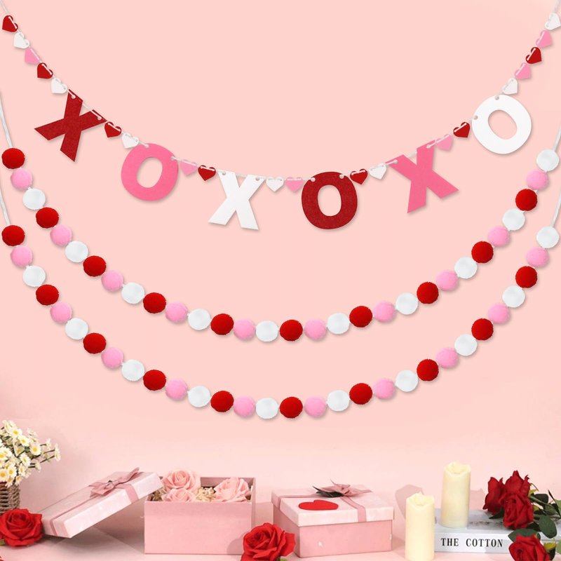 QOUBAI 3pcs Valentine's Day Garland Felt Ball Garland 10ft Pompom Garland Valentine Decorations XOXO Felt Ball Banner for Mantle Fireplace Room Valentine's Day Anniversary Engagement Party Supplies