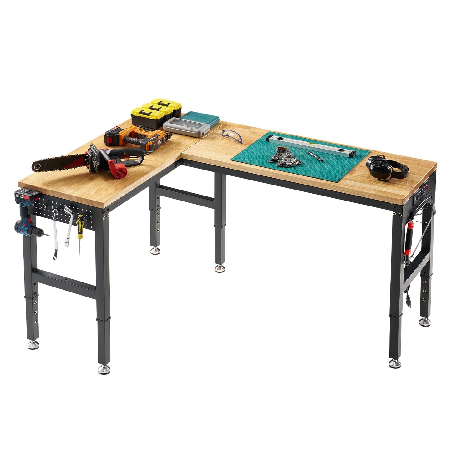 SPECRAFT 68"x48" L-Shaped Workbench with Power Strip, Adjustable Height Heavy Duty Work Table with Pegboard, 6000LBS Load Capacity, Industrial Wood Top Workstation for Garage, Workshop, Home Office