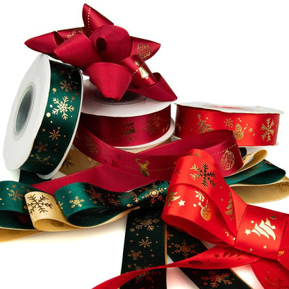 Craft County Holiday Satin Ribbon – 25 Yards of Winter Themed Fabric Ribbon for Gift Wrapping and Decoration – Bundle Pack