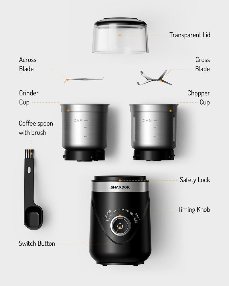 SHARDOR Electric Super Silent Blade Coffee Grinder, Timed Grind Control Rotary Knob, Adjustable Coarse to Fine for Coffee Beans, Spices & Herbs, with 2 Removable Stainless Steel Bowl, Black