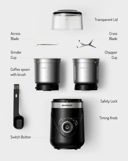 SHARDOR Electric Super Silent Blade Coffee Grinder, Timed Grind Control Rotary Knob, Adjustable Coarse to Fine for Coffee Beans, Spices & Herbs, with 2 Removable Stainless Steel Bowl, Black