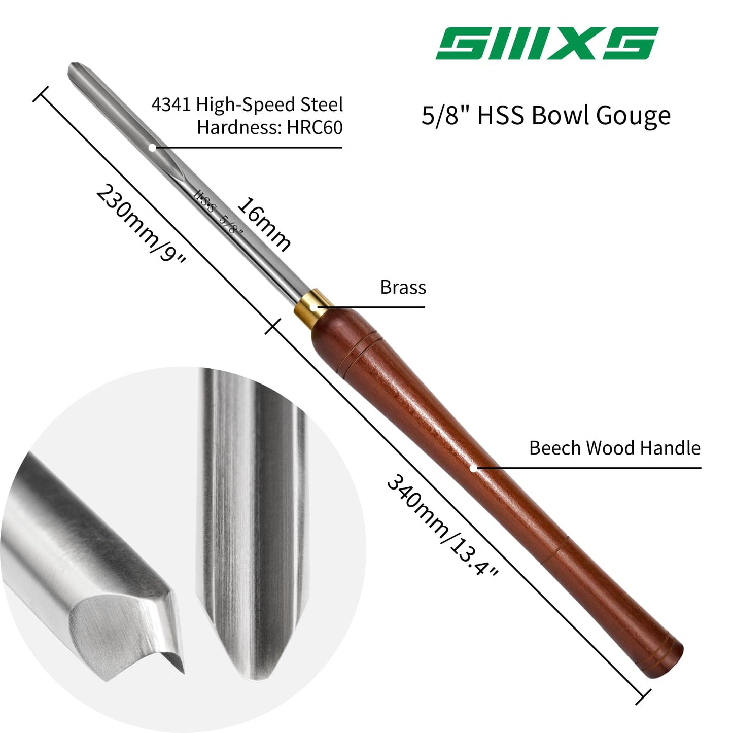 SIIIXS 5/8" HSS Bowl Gouge with Side Grind(1/2" Flute), Wood Lathe Bowl Turning Tools Spindle Gouge Chisel. ﻿