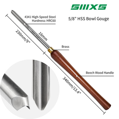 SIIIXS 5/8" HSS Bowl Gouge with Side Grind(1/2" Flute), Wood Lathe Bowl Turning Tools Spindle Gouge Chisel. ﻿