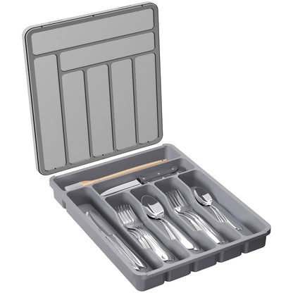 Lifewit Silverware Organizer with Lid, Covered Utensil Tray for Kitchen Drawer and Countertop, Plastic Cutlery and Flatware Storage Box for Spoons Forks Knives Holder Case, 6 Compartments, Black