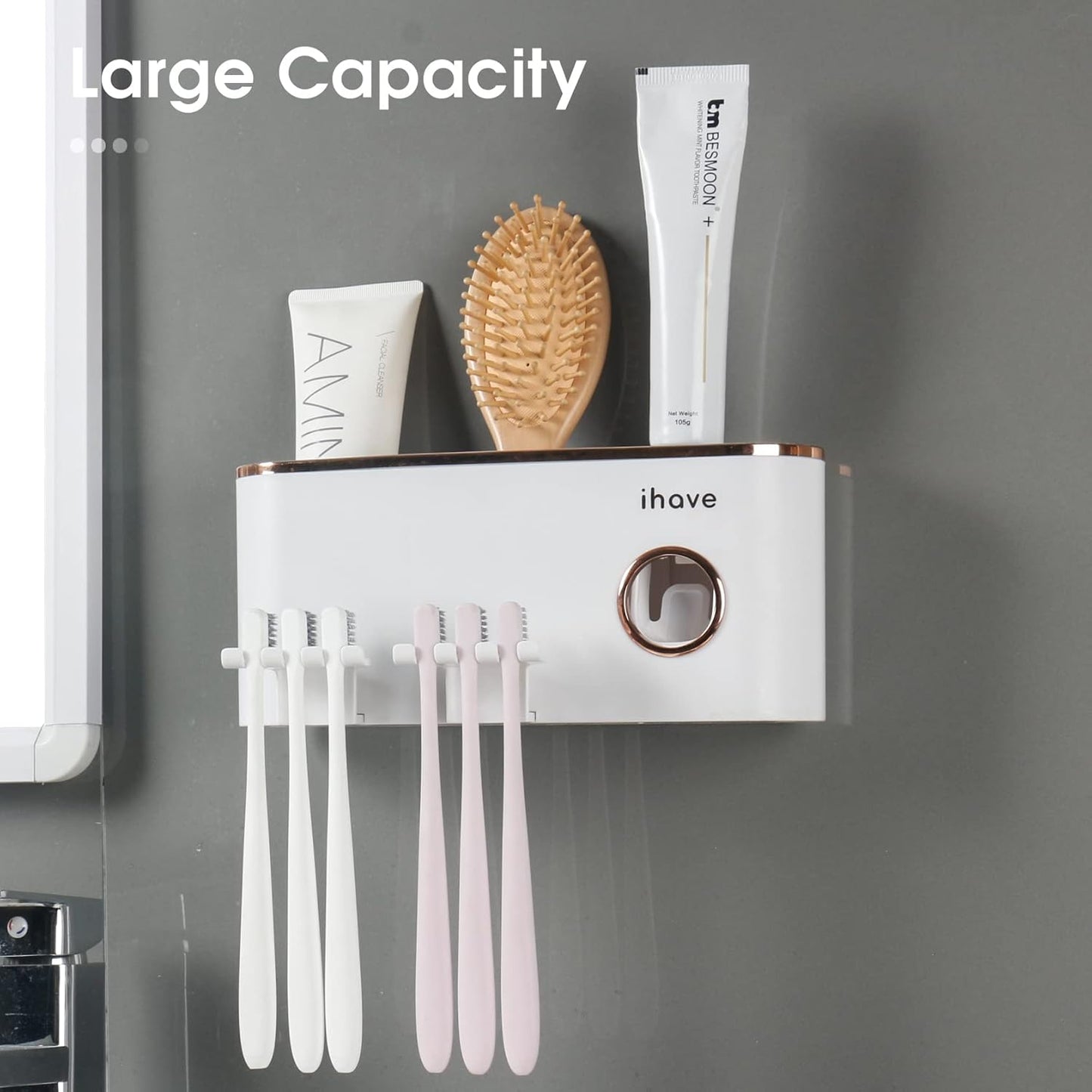 2 iHave Toothbrush Holders Bathroom Decor with Toothpaste Dispenser, Cups Toothbrush Holder Wall Mounted Bathroom