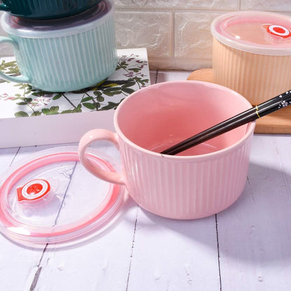 Microwavable Soup Bowl with Handle and Lid, 30.4 OZ Ceramic Cereal Mugs for Oat Instant Noodles (Pink)