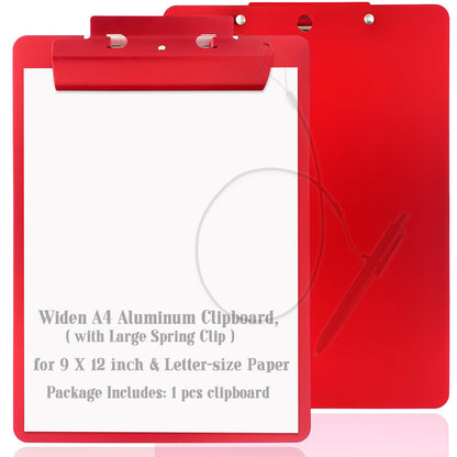 Aluminum Metal Clipboard Flat Heavy Duty Hangable Spring Clip Board with Pen Chain Hole Letter Size A4 9.25" x 12.6" for School Office Business Medical Professionals Workshop Factory (Red, A4)