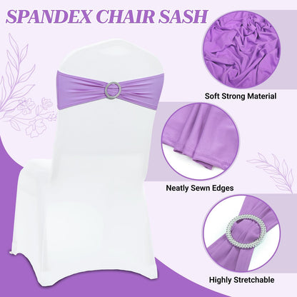 MDS Premium Spandex Chair Sashes - Stretchy Bow Covers with Buckle Slider | 25-Pack in Lavender
