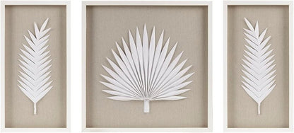 Madison Park Sabal Floral Wall Art - Handmade Canvas Palm Natural Rice Paper Shadow -Box Set, Glass, Wood Frame, Linen Base, Botanical Modern Room Decor for Hallway, Bedroom Accent, Off White 3 Piece