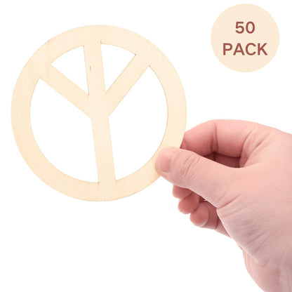 YOUEON 50 Pcs Unfinished Wood Peace Sign with Jute Rope, 4 Inch Round Wooden Pieces Hanging Ornaments, Cutout Blank Wood Slices for Party, DIY, Crafts