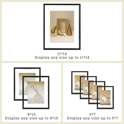 Frametory, Floating Picture Frames Set - Black Metal Photo Frames - Real Glass - Displays One 11x14, Two 8x10, And Four 5x7 Inch Photos for Home Decoration