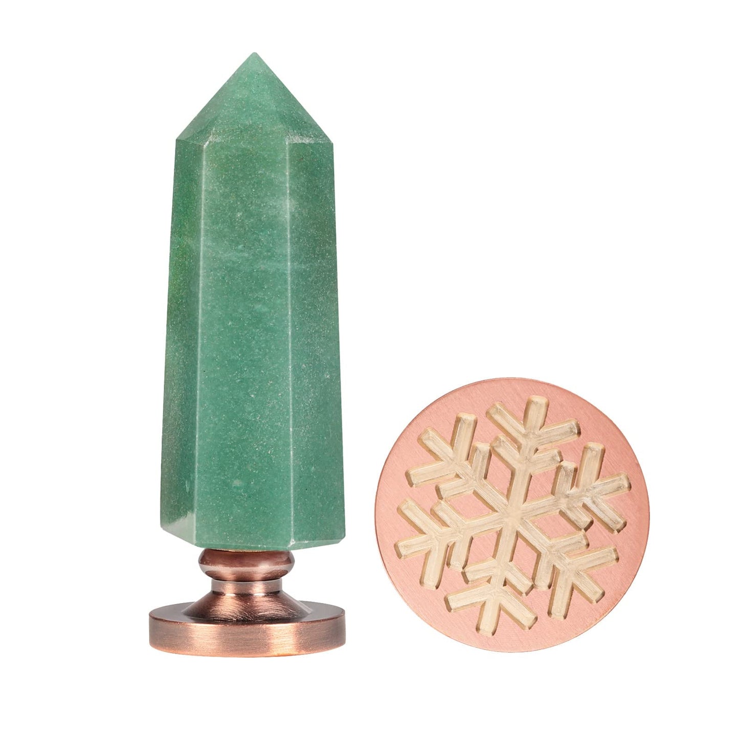 Cheungshing Green Aventurine Crystal Hexagon Prism Wax Seal Stamp, Detachable Vintage Copper Seals for Invitation Cards for Wedding Christmas Halloween Thanksgiving Gift, Snowflake Pattern