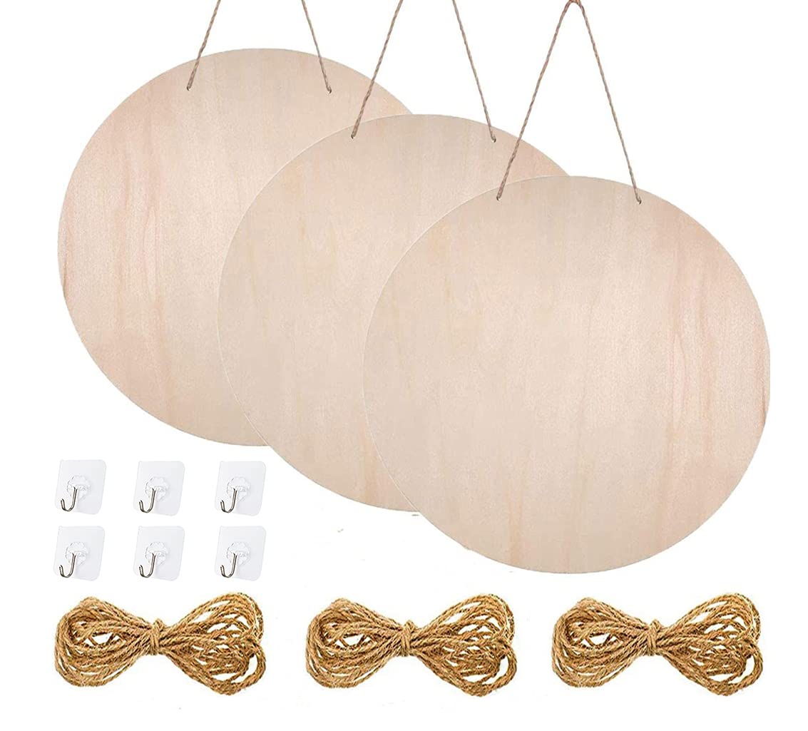 Feill 3 Pieces 12 Inch Wood Circles Sign - Unfinished Blank Wooden Circle with Twine & Hook for DIY Crafts, Door Hanger, Sign, Wood Buring, Painting, Christmas Decor