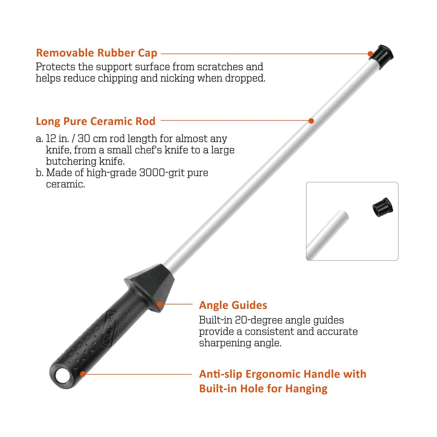 Sharpeak Total L.17.5-Inch/Rod L.12-Inch 3000-Grit Ceramic Sharpening Steel with Built-In Angle Guides and Anti-Breaking Cap, Sharpening Rod, Knife Steel, Ceramic Honing rod, Chaira Afilador Cuchillos