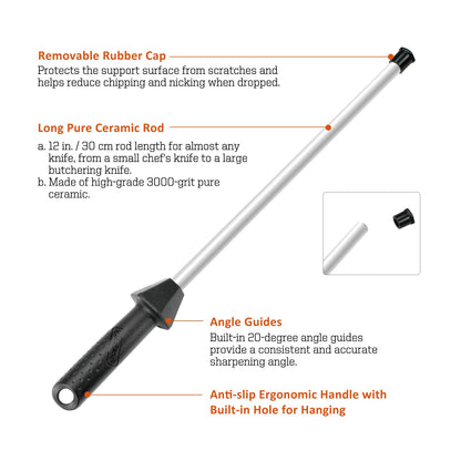 Sharpeak Total L.17.5-Inch/Rod L.12-Inch 3000-Grit Ceramic Sharpening Steel with Built-In Angle Guides and Anti-Breaking Cap, Sharpening Rod, Knife Steel, Ceramic Honing rod, Chaira Afilador Cuchillos