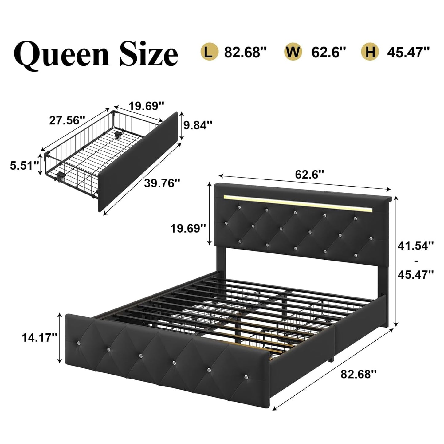 FammyLoft Queen Size Bed Frame, PU Upholstered Bed Frame with RGB LED and 4 Storage Drawers, Platform Bed Frame with Adjustable Headboard, Charging Outlet, Diamond Crystal Button, Black