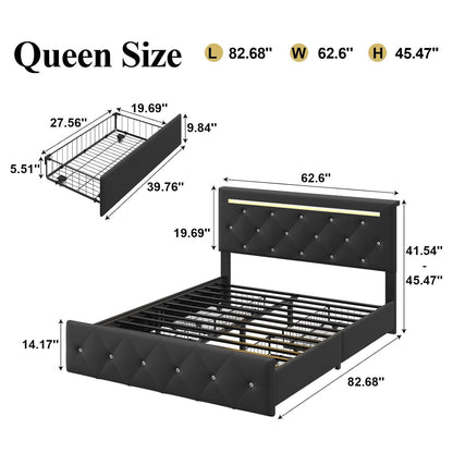 FammyLoft Queen Size Bed Frame, PU Upholstered Bed Frame with RGB LED and 4 Storage Drawers, Platform Bed Frame with Adjustable Headboard, Charging Outlet, Diamond Crystal Button, Black