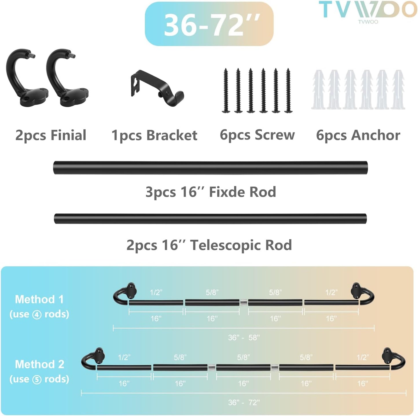 Wrap Around Curtain Rods, Black Adjustable Curtain Rods 36 to 72 Inch for Room Darkening Windows