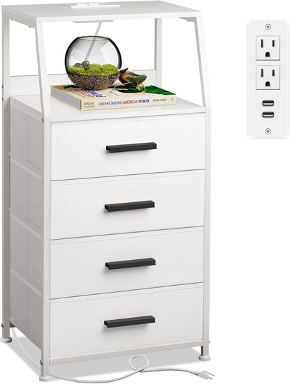 4 Nightstand Drawer Dresser with Charging Station, Side Table with Fabric Drawers, End Table with Open Shelf, Bedside