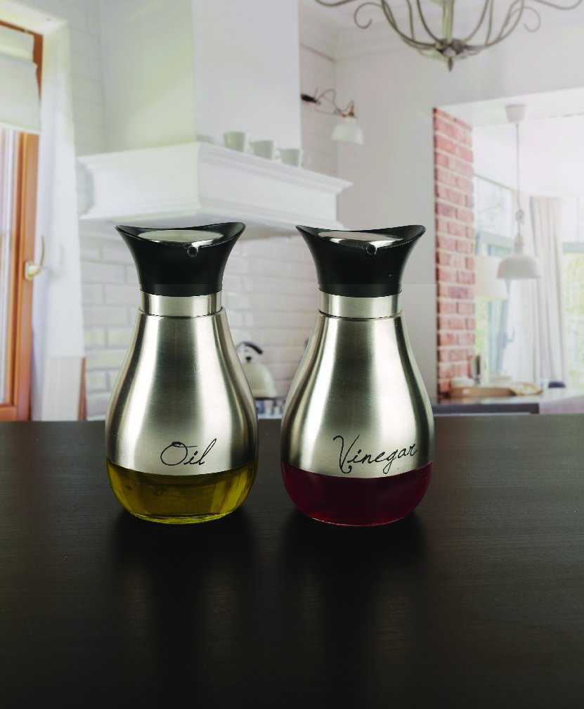 Circleware Cafe Contempo Stainless Glass Vinegar Container Bottles Set of 2, 13.6 ounce, Limited Edition Glassware, 13.6, Silver Oil Dispensers (68254)