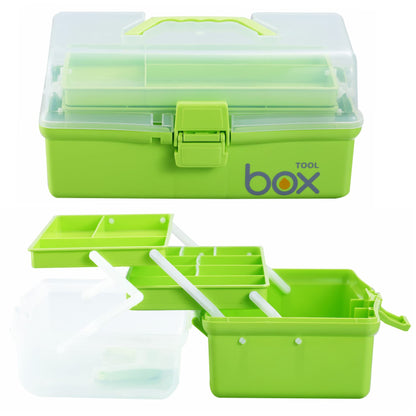 Kinsorcai 2PCS 12'' Three-Layer Clear Plastic Storage Box/Tool Box, Multipurpose Organizer and Portable Handled Storage Case for Art Craft and Cosmetic (Green)