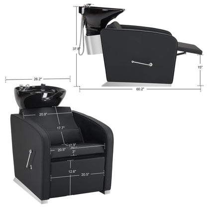 BarberPub Backwash Shampoo Station Chair, Adjustable Porcelain Ceramic Hair Wash Bowl Sink Unit Station, Reclining Shampoo Station Chair for Spa Beauty Salon Hair Salon Equipment 9303 (Black)