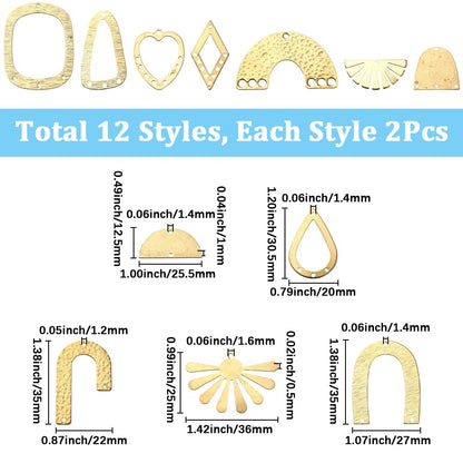 SUNNYCLUE 1 Box 24Pcs 12 Styles Filigree Jewelry Charms Jewelry Connector Link Charms Gold Brass Hollow Heart Rhombus Arch Sun Vintage Joiners Links Findings for Jewelry Necklaces Bracelets DIY Crafts