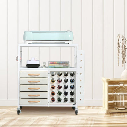 LUCKUP Organization and Storage Craft Table for Cricut Machines, Rolling Cart Cabinet with 28 Vinyl Roll Holders and 5 Drawers, Heat Press Stand Crafting Storage Cart with Hooks