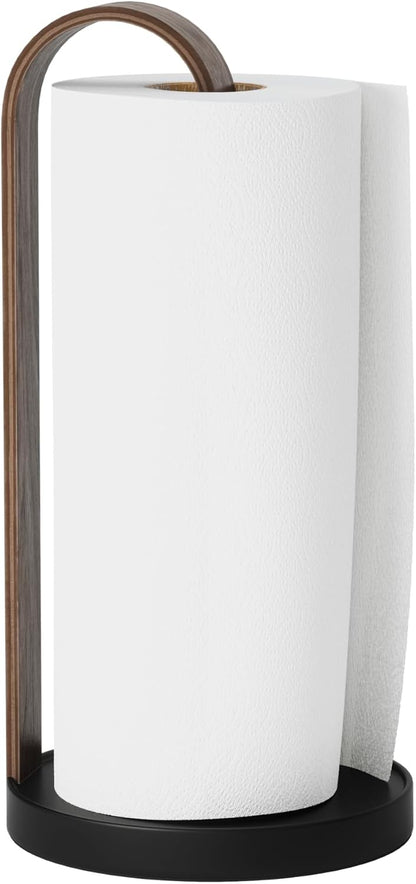 Countertop, Umbra Bellwood Paper Towel Holder for Kitchen with Real Wood Stand and Weighted Metal Base, Black/Walnut