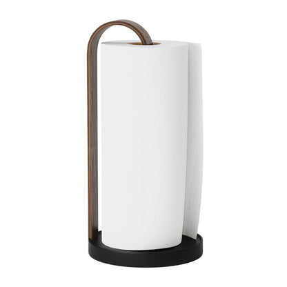 Umbra Bellwood Paper Towel Holder for Kitchen Countertop, with Real Wood Stand and Weighted Metal Base, Black/Walnut