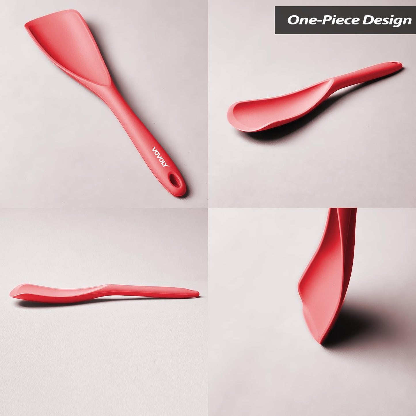 Cooking Spoon for Nonstick Cookwares, VOVOLY Silicone Spoon for Mixing, Scoop, and Scrape,Seamless Design, 12.6'', 2 Pack, Red