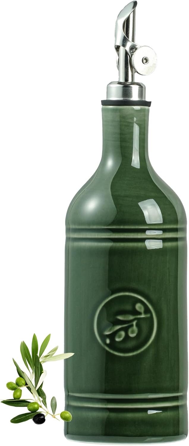 18 oz Pack 1, Olive Oil Dispenser Bottle with Spout, Ceramic Oil Dispensers for Kitchen, Opaque Cruet, EVOO & Vinegar