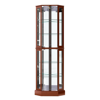 BELLEZE Lighted Corner Display Curio Cabinet,72" Tall Wooden Curved Shelving Unit with Tempered Glass Door, Bar and Liquor Storage Area with 6 Shelves - Ashfield (Walnut)