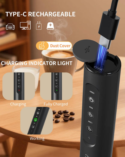 CIRCLE JOY Rechargeable Handheld Milk Frother Wand with 3 Variable Speeds, 3 Whisks and Storage Box, Electric Drink Mixer for Latte, Cappuccino, Hot Chocolate, Eggs and Protein Powder, Black