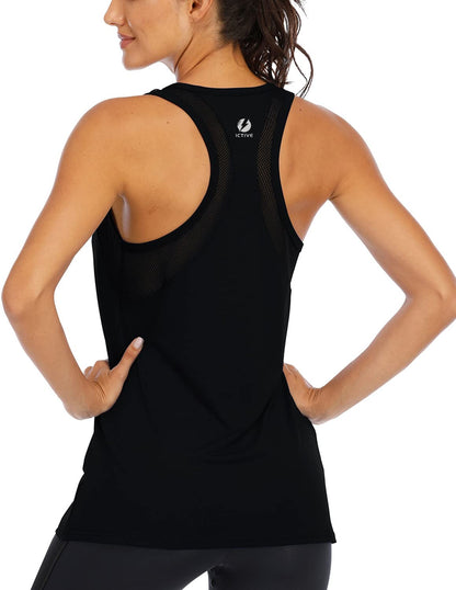 ICTIVE Workout Tank Tops for Women Loose Fit Yoga Mesh Racerback Open Back Muscle Running Activewear Gym Shirts Black M