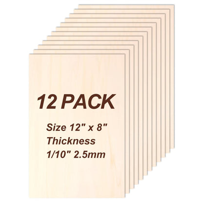 Philorn Basswood Sheets 12" x 8" x 1/10 Inch, 12 Pack Plywood Sheets 2.5mm Unfinished for Laser Cutting and Engraving, Crafts, Architectural Models Making, Wood Burning, Staining