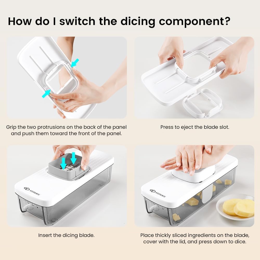 KEOUKE 8-in-1 Vertical Vegetable Chopper Mandoline Slicer with Container White - Safe Tap Out Dicer with Hand Guard for Kitchen Easy Food Prep, Onion Potato Veggie Fruit