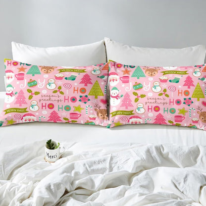 Erosebridal Pink Christmas Fitted Sheet Full, Cartoon Santa Claus Bedding Set for Kids Boys Girls Women Bedroom, Snowman Pine Bed Sheets Christmas Tree Deer Bedding Decor Set Xmas Decor,2 Pillowcases