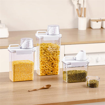 Triflice 2Pcs Rice Dispenser Storage Containers, 1.1L Small Rice Bucket with Measuring Cup & Pour Spout, Kitchen Plastic Airtight Container for Cereal, Grain, Flour, Sugar, Oatmeal, Dry Pet Dog Food