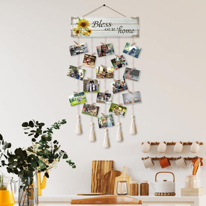 Gwisml Home Collage Picture Frames,Clip Photo Holders for Wall,Wooden Hanging Photo Display with 16 Clips 5 Strings,Bless Our Home Sign Wall Decor