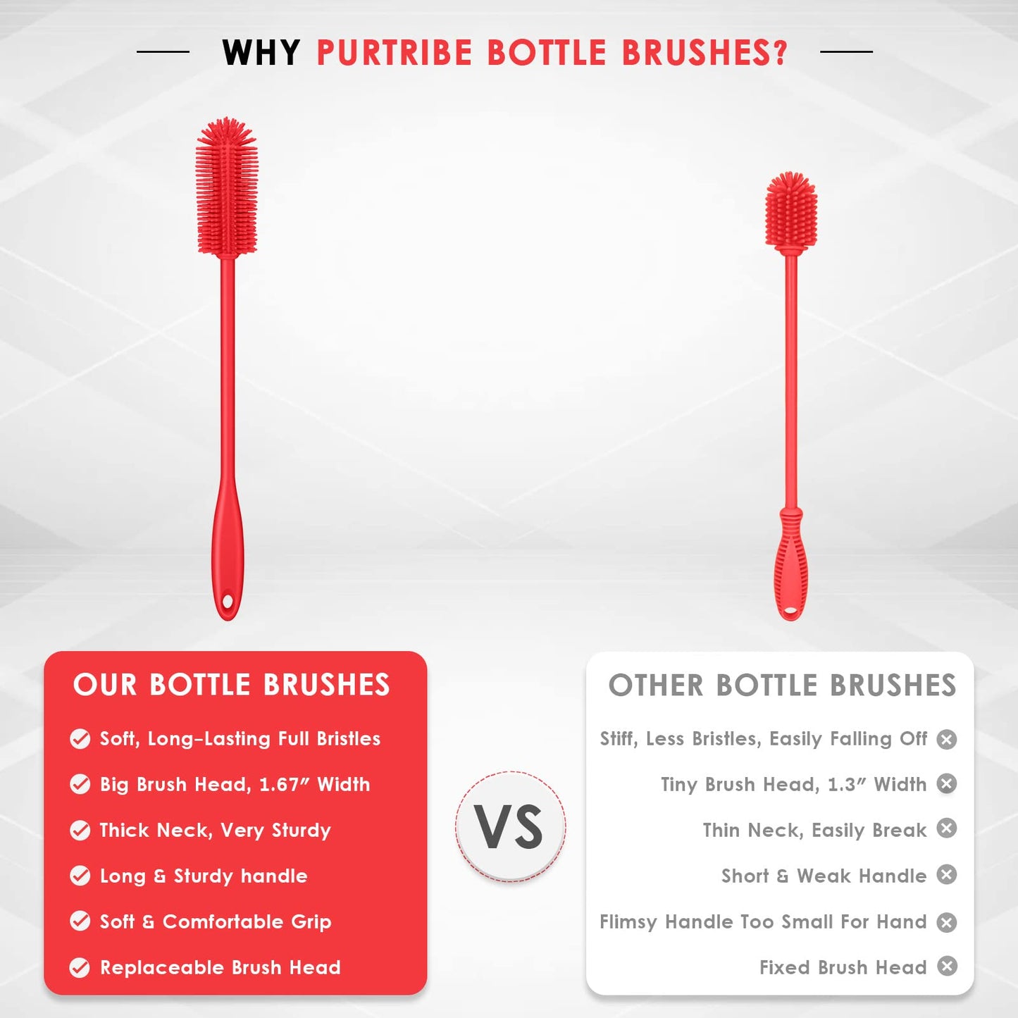 Purtribe Silicone Bottle Brush, Water Bottle Cleaner Brush with Long Handle, Perfect for Cleaning Narrow Neck Containers, Vacuum Sports Bottle, Tumblers, Flask, Glassware (1 Pack, Red)