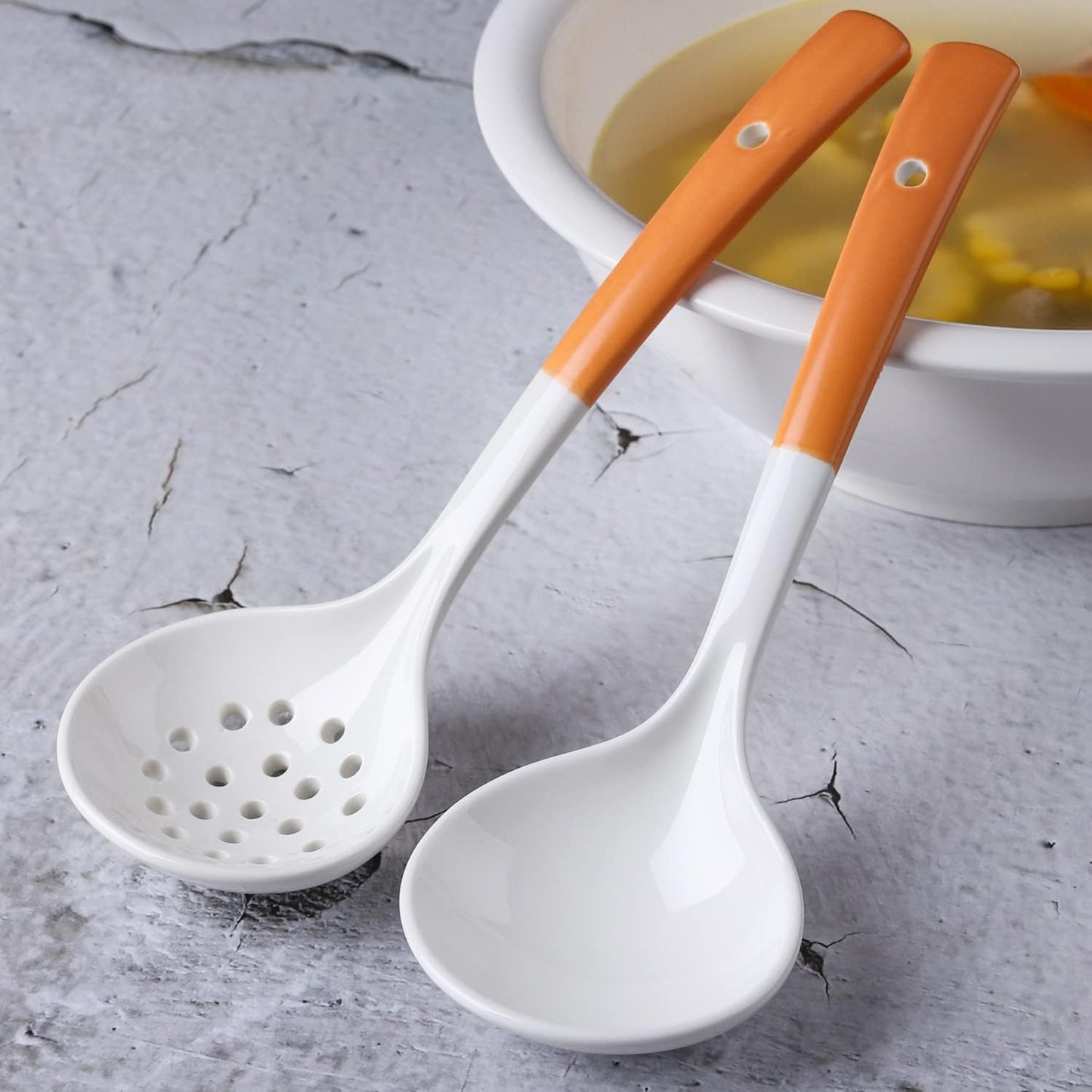 Ceramics Ladle Spoon Set of 2, Large Soup Ladle with Skimmer Slotted Spoons for Cooking and Serving